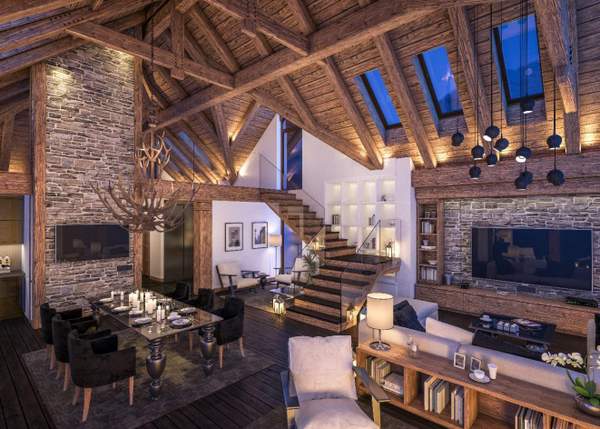 Immobilier de prestige dans les Alpes : Comment définir un chalet de luxe en 2021 ? 2 Chalet ultra luxe à la charpente imposante