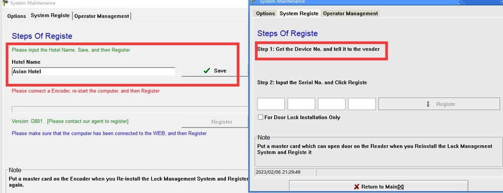 Registre du logiciel de gestion du système de verrouillage de porte d'hôtel