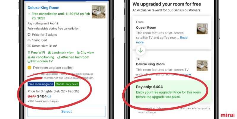 surclassement gratuit chambre Booking mirai