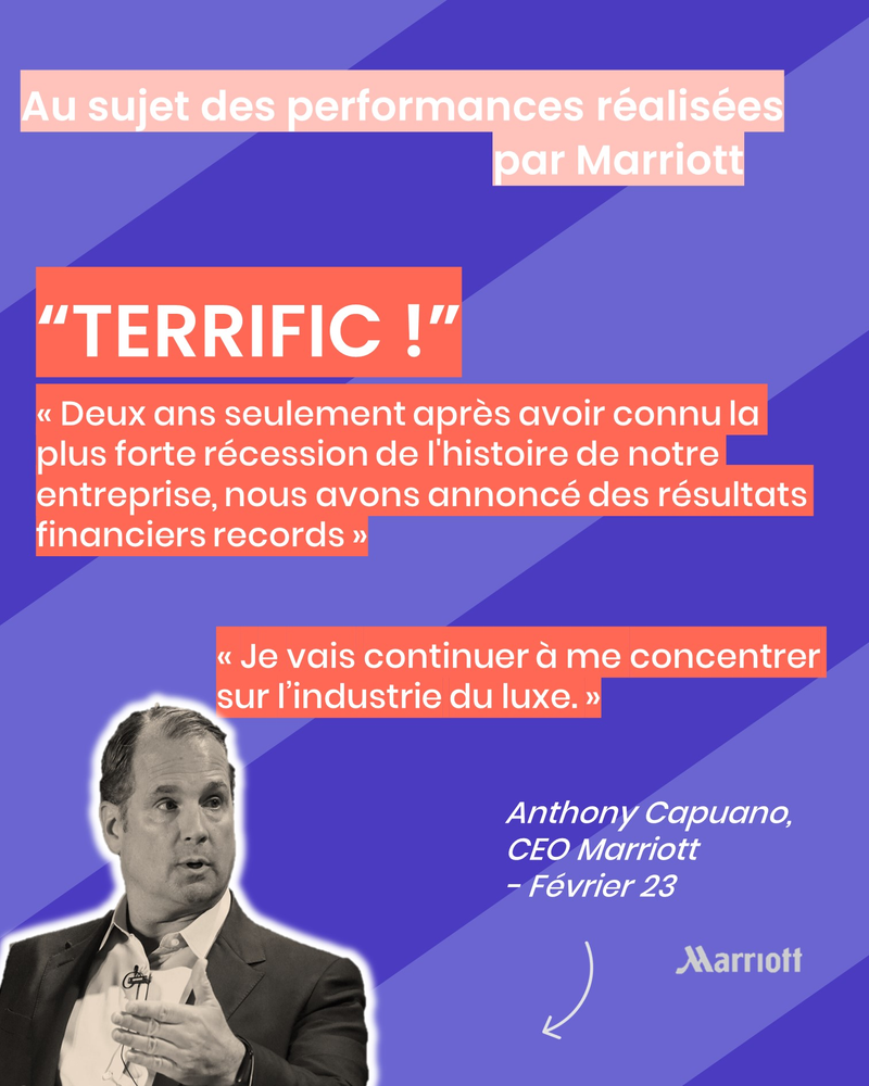 Anthony Capuano au sujet des bonnes performances en 2022 réalisées par Marriott : « Deux ans seulement après avoir connu la plus forte récession de l'histoire de notre entreprise, nous avons annoncé des résultats financiers records » « Je vais continuer à me concentrer sur l’industrie du luxe. »
