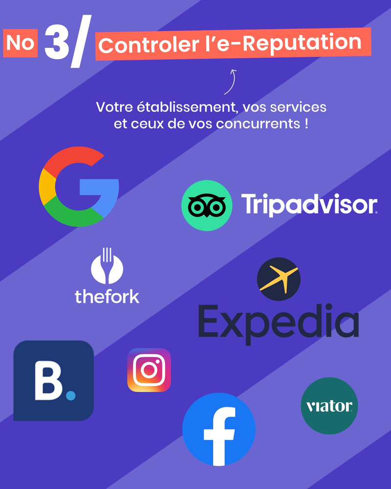 Controler l’e-Reputation : Votre établissement, vos services et ceux de vos concurrents ! Plusieurs options possible : Google Review ; TheFork ; TripAdvisor ; Expedia ; Booking ; Viator ; instagram ; Facebook...