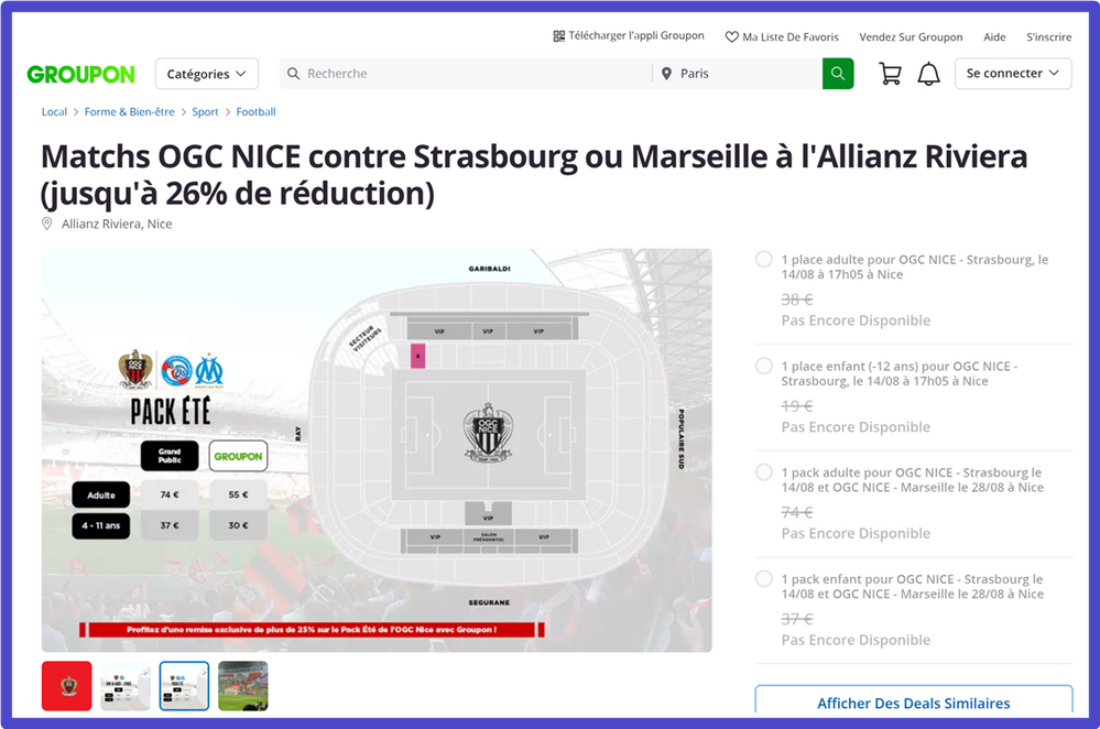 Exemple : Le club de l'OGC Nice proposant des tarifs réduit via le distributeur Groupon en période de faible affluence.