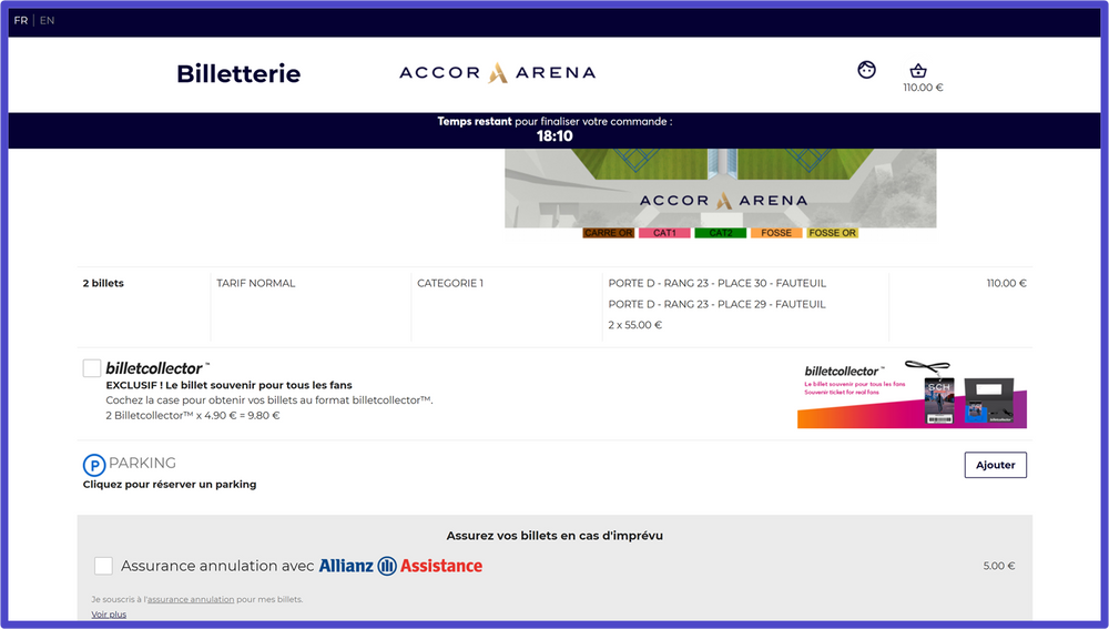 Exemple : La plateforme de billetterie de l'Accor Arena proposant Parking, Pass Collector et Assurance suite à l'ajout de tickets dans le panier.