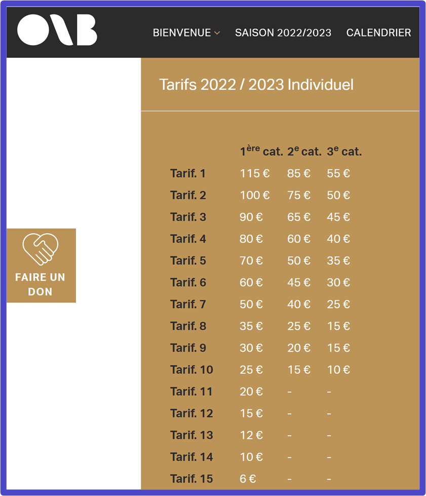 Exemple : L'Opéra National de Bordeaux distinguant la tarification de leurs billets par catégorie de places