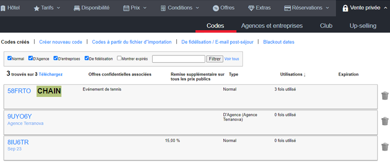 extranet mirai chaines vente privee codes