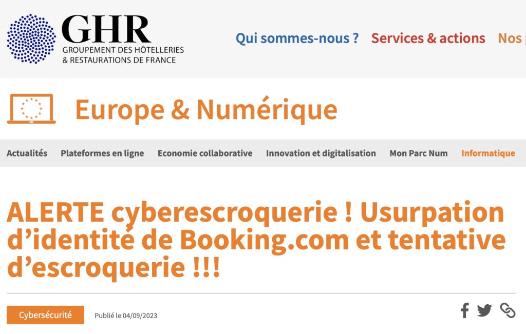 Booking.com escroquerie Hgroupement hotelleries restauration france