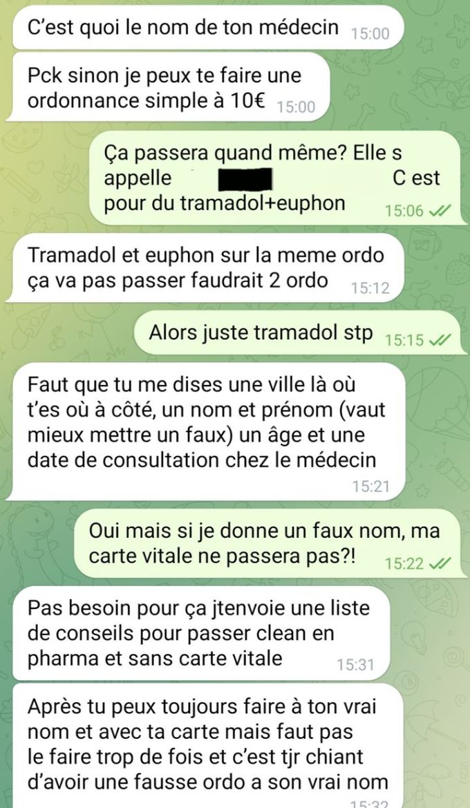 Nos échanges sur une messagerie cryptée avec un vendeur de fausses ordonnances. Novembre 2023 (CAPTURE D'ECRAN)