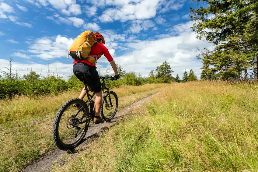 Mountain biker riding on bike in summer inspirational mountains landscape. Man cycling MTB on enduro trail path. Sport fitness motivation and inspiration. Rider mountain biking in summer woods.