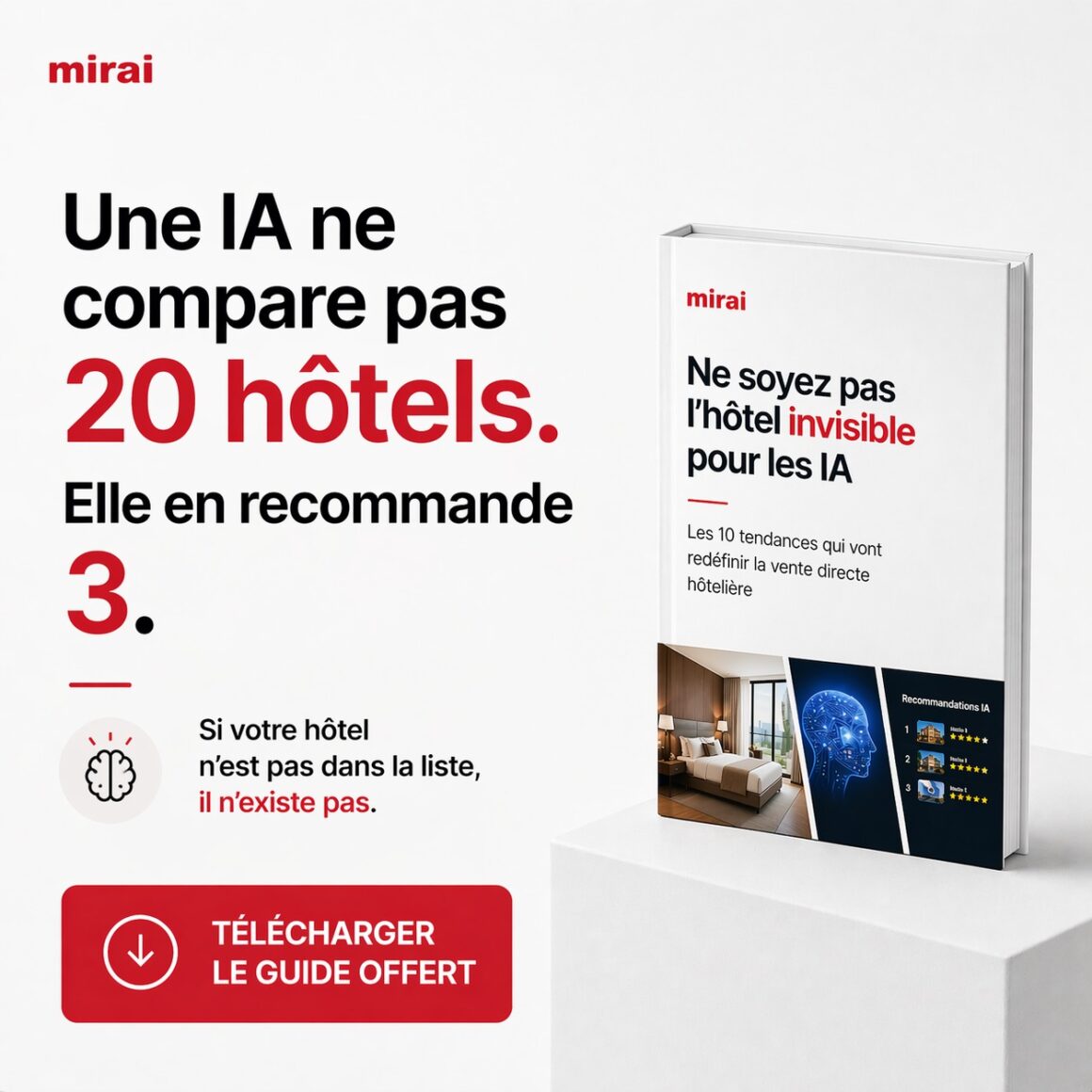 Annonce Mirai: livre blanc sur l’IA pour l’hôtellerie et bouton rouge Télécharger le guide offert.
